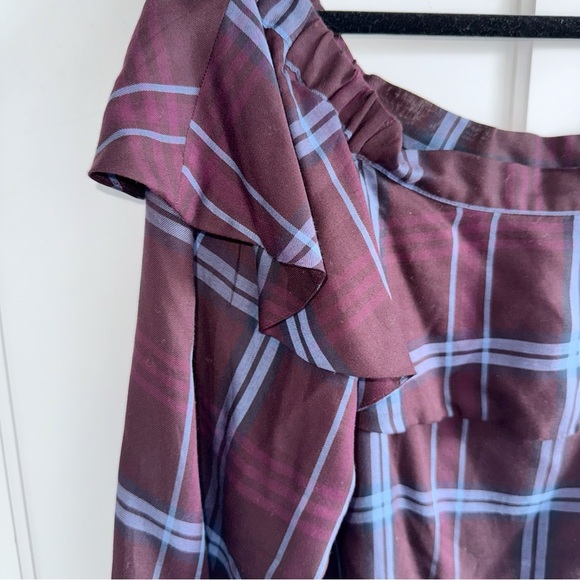 Ann Taylor LOFT Burgundy/Blue Plaid Off-Shoulder Blouse Sz Large - Picture 5 of 12
